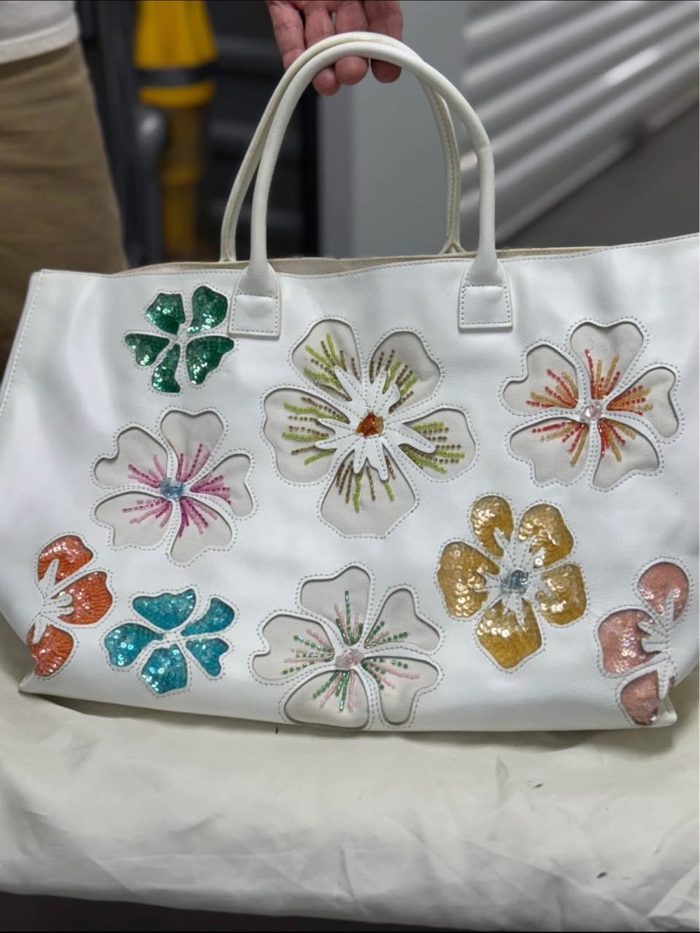 Bloomingdale’s White Floral Embroidered Tote Bag
